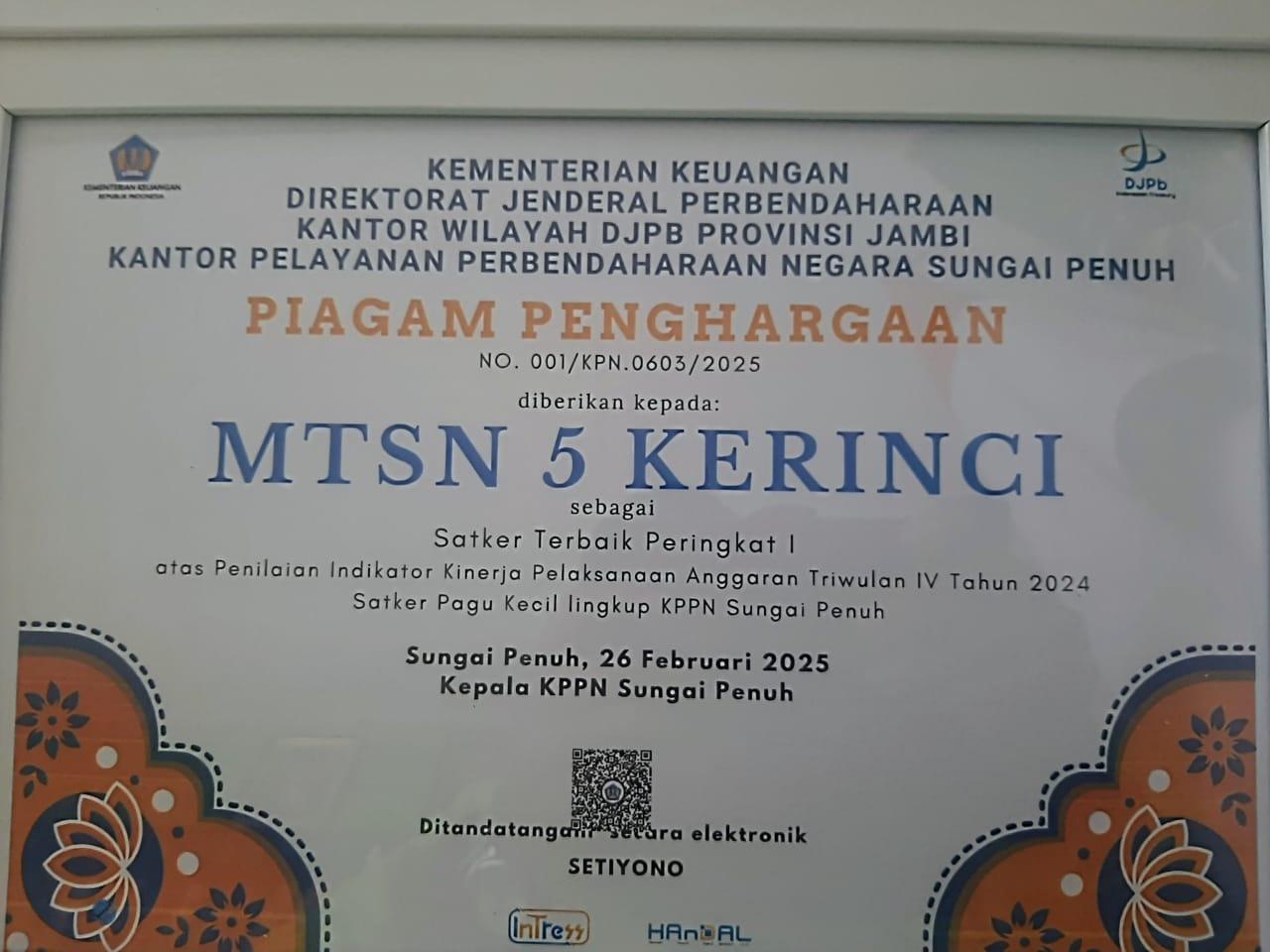 MTsN 5 Kerinci Kembali Ukir Prestasi, Raih Peringkat 1 Satker Terbaik PIKP Triwulan IV KPPN Sungai Penuh