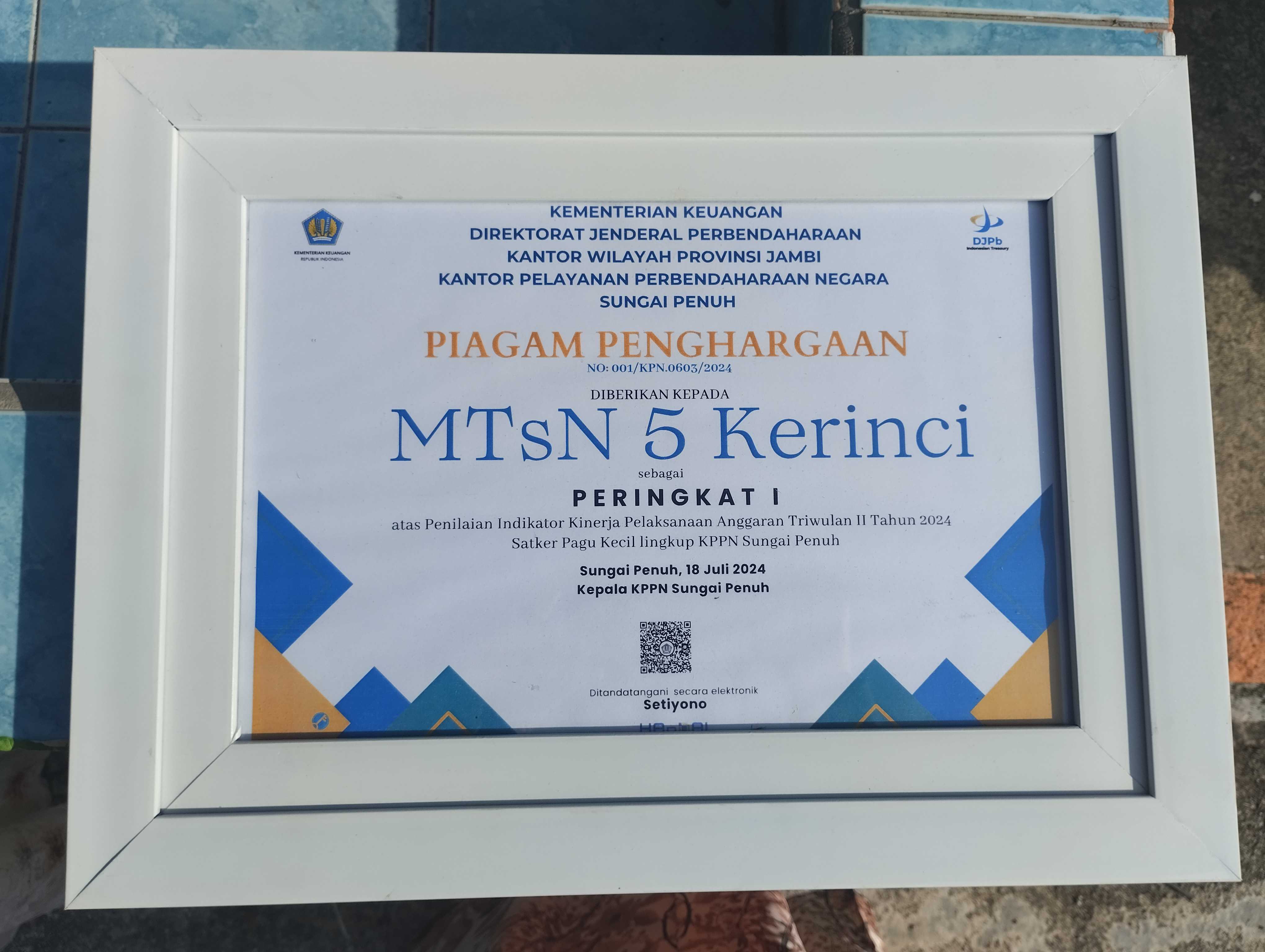 MTsN 5 Kerinci Raih Peringkat 1 dalam Penilaian Indikator Kinerja Pelaksanaan Anggaran Triwulan II Tahun 2024
